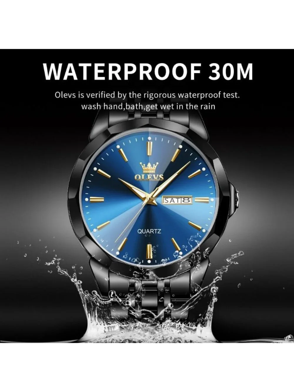 Men Blue Black Diamond Analog Quartz Stainless Waterproof Luminous Classic Watch